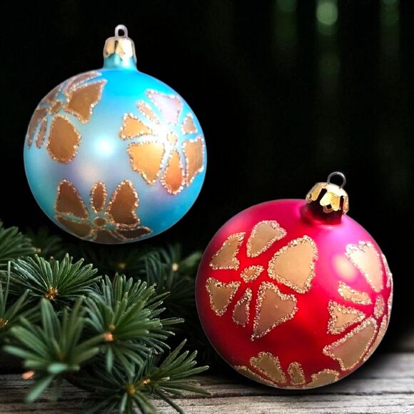 Vintage Set of 2 Hand‑Painted Hibiscus Christmas Ornaments Red Blue Gold Glitter - Picture 1 of 7